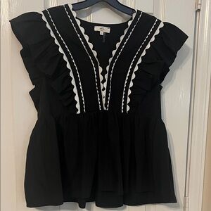 entro Black Ruffle V-Neck Blouse with White Scallop Trim